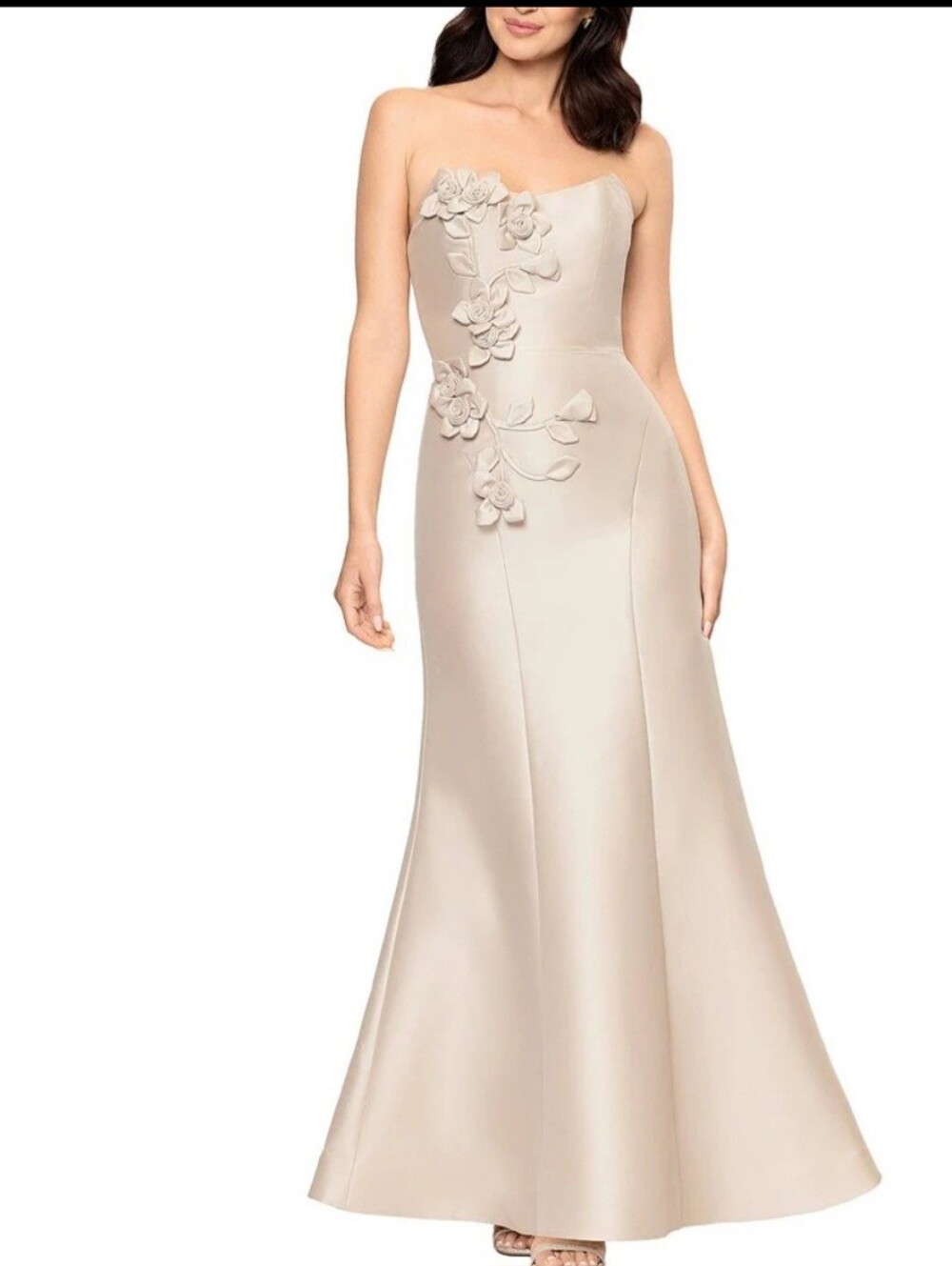 NWT Betsy & Adam Strapless Floral Appliqué Gown in Champagne Beige
